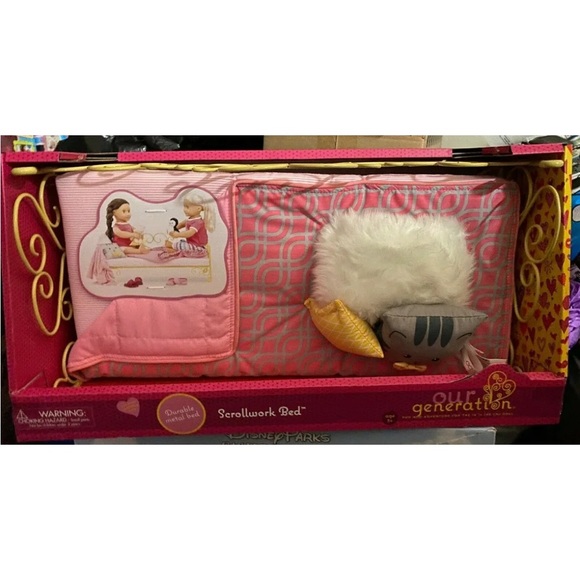 NEW Battat Our Generation Scroll Work Bed WITH BLANKET PILLOW PET NRFB